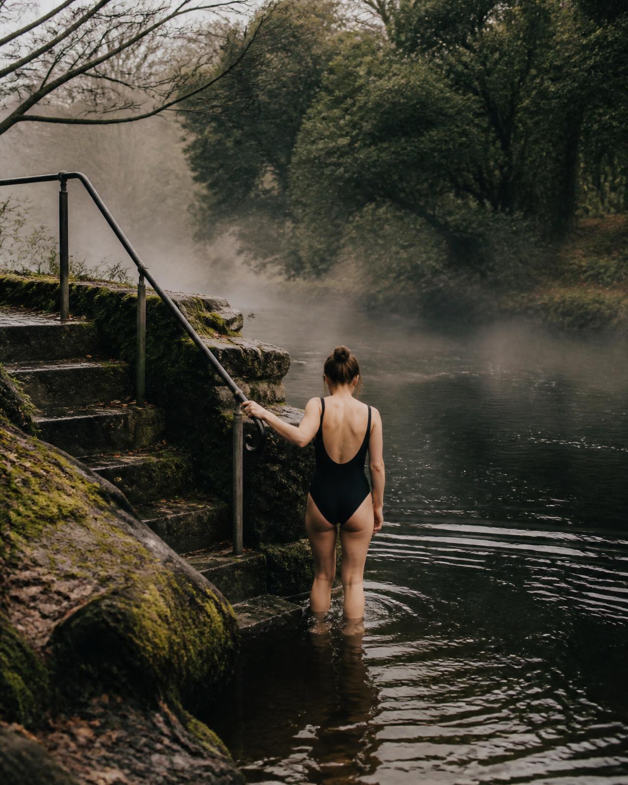 A swimmer stepping down the stone steps into the cold River Barrow