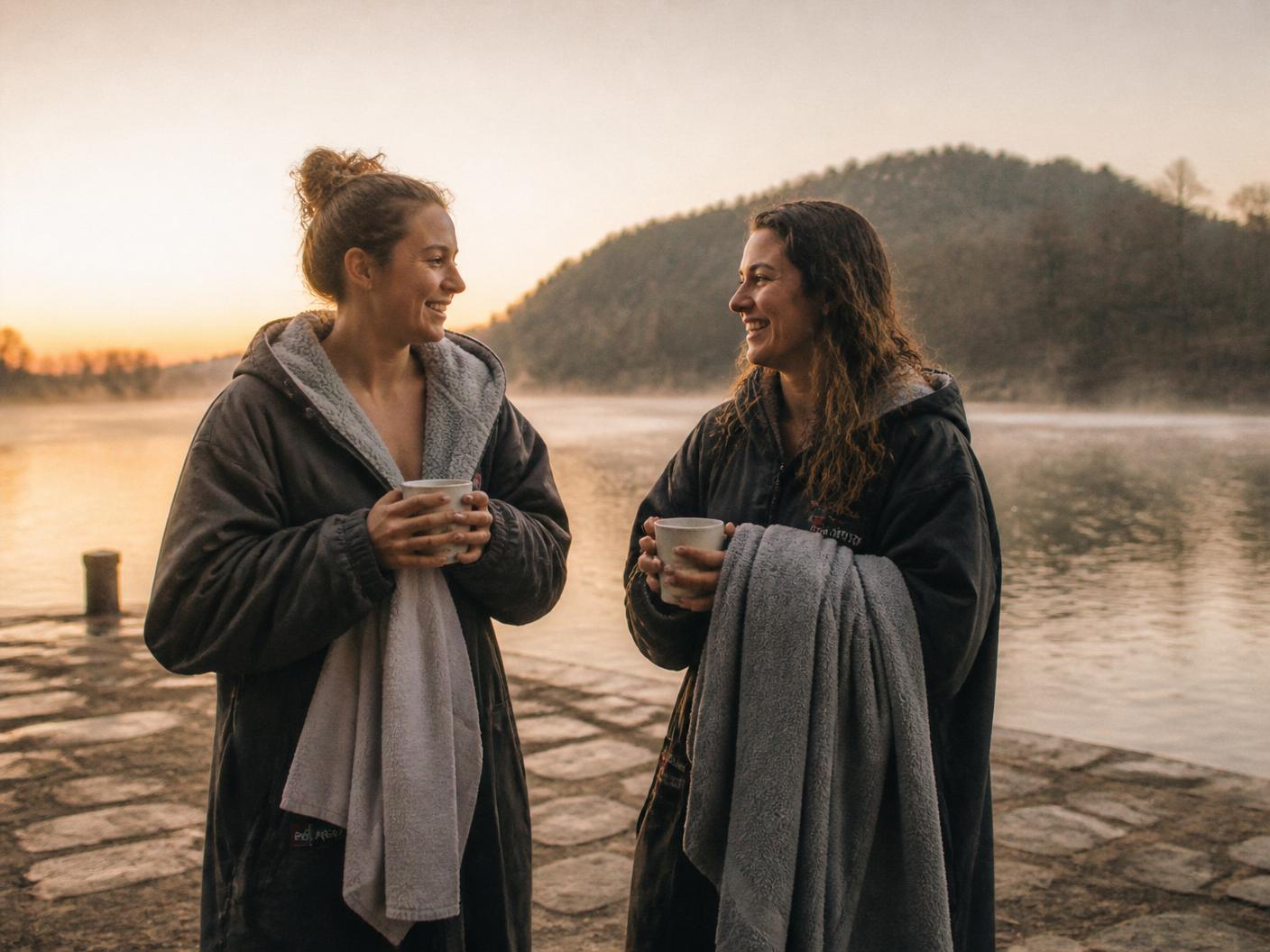 The two founders of Sruth Sauna in dry robes with mugs of tea on the quay at Graiguenamanagh