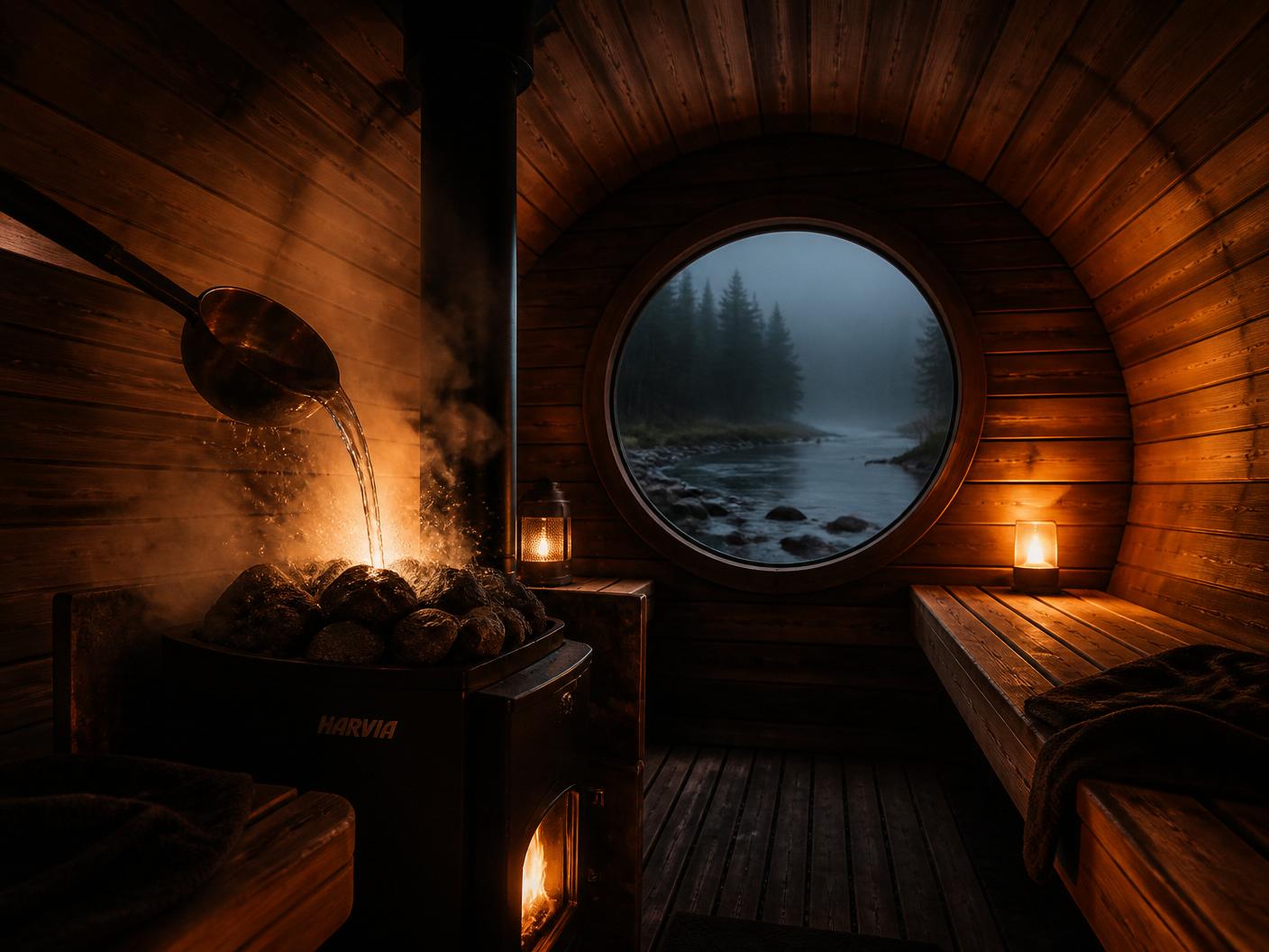Inside the wood-fired barrel sauna, water poured over hot stones